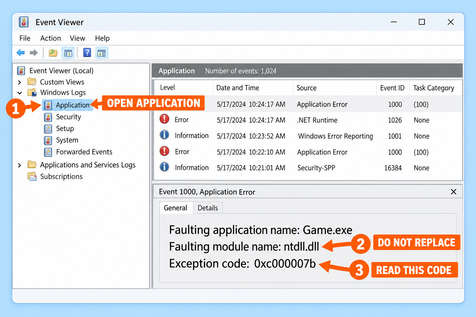 Event Viewer Application log with Faulting module name ntdll.dll and Exception code 0xc000007b, marked do not replace ntdll